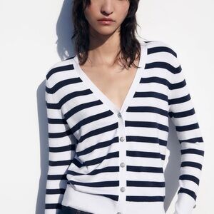 Zara Navy and White Striped V-Neck Cardigan Sweater with Rhinestone Buttons L